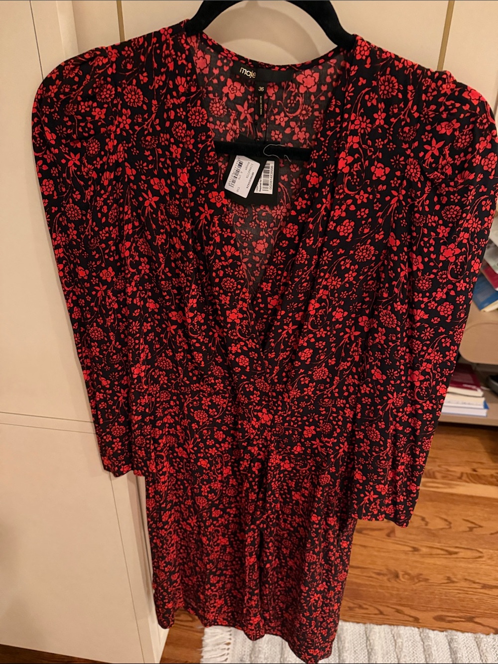 Maje Black Midi Dress with Red Floral Pattern